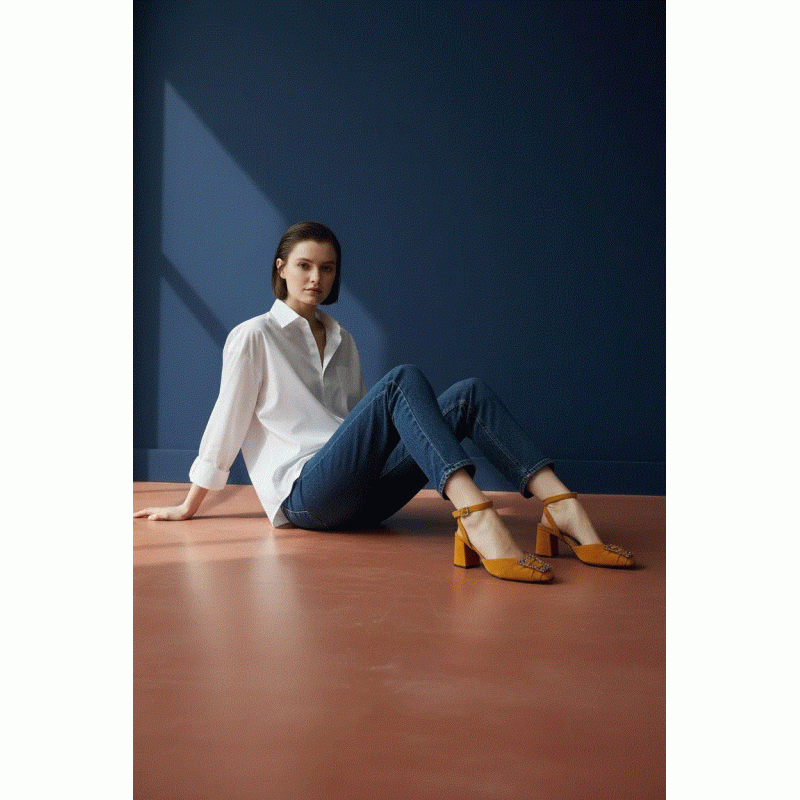 BRIGITTE SUNSET ORANGE SUEDE HEELS DEBOUR 